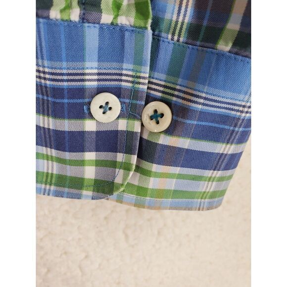 Peter Millar Crown Sport LS Button Down Shirt Men L Plaid Blue Green White Multi - Picture 9 of 11